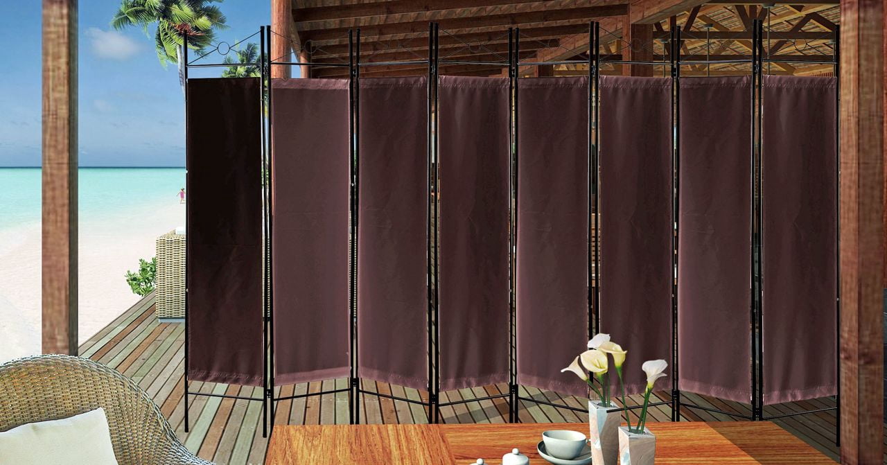 8 Panel Room Divider Metal Folding  Privacy Screen Fabric insert  71" Tall, Brown  12.5 FT Wide