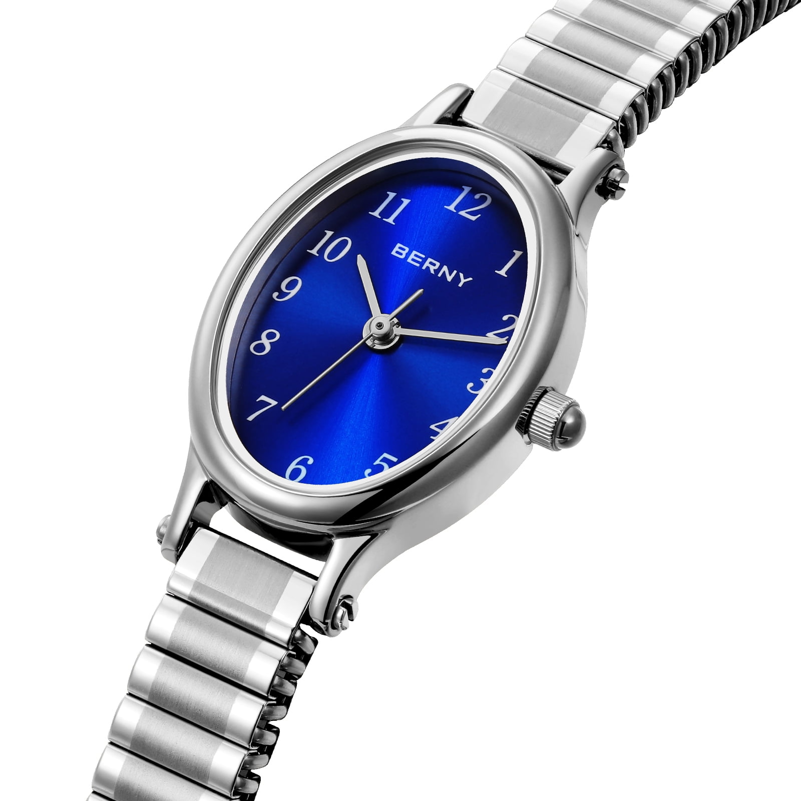 BERNY Small Silver Watches for Women, Dainty Luxury Oval Dial, Expansion Band Watch, Fashion Ladies Analog Quartz Watch, Waterproof Women Wristwatch Gifts, Blue