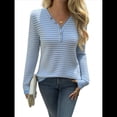 thumbnail image 3 of Camisa de Punto A Rayas de Larga con Cuello en V para Mujer, Estilo Túnica Informal, Holgada y Elegante, para Otoño. Azul M, 3 of 10