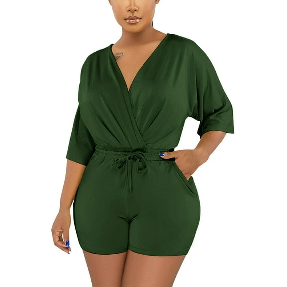 Lenpel Women's Rompers Trendy Summer 3/4 Sleeve Wrap V Neck Tie Waist Casual Short Jumpsuits Beach Vacation Clothes