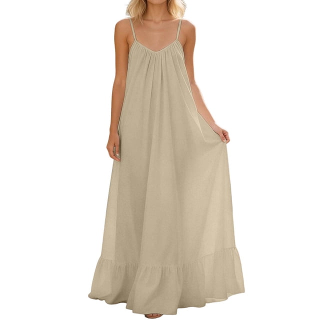 Tauxra Robe Maxi Sans Manches à Col en V pour Femmes, Robe Dos Nu à Bretelles Spaghetti Ajustables avec Ourlet à Volants, Robe Longue Décontractée Plissée Unie