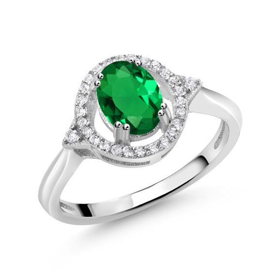 Gem Stone King 0.94 Ct Oval Green Nano Emerald 925 Sterling Silver Ring (Size 8)