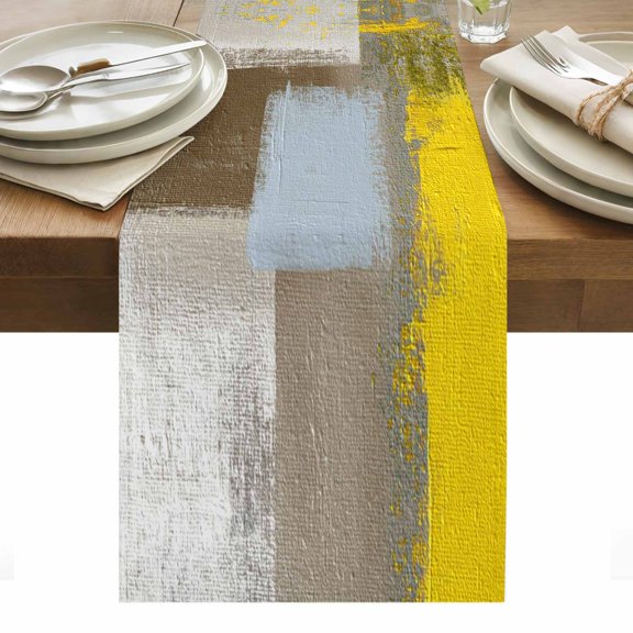 Yellow Brown Table Runner - 90 Inch Long, Kitchen Dining Table Runner Dresser Scarves, Abstract Blue White Vintage Oil Painting Farmhouse Decor for Coffee Tables Wedding Party Banquet