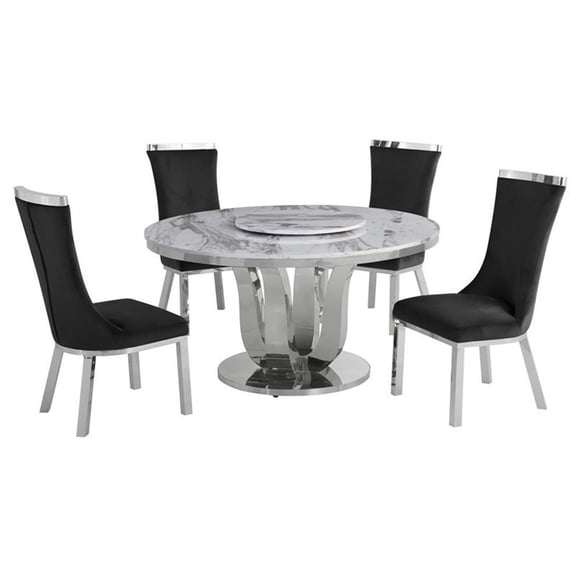 Round White Marble 5pc Dining Set with Silver Stainless Steel and 4 Chairs