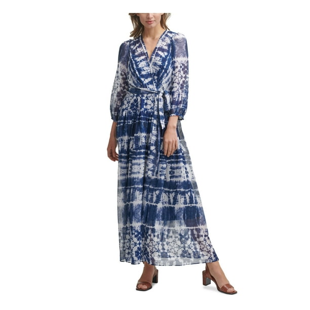 CALVIN KLEIN Womens Navy Zippered Sheer Line Tie Dye 3/4 Sleeve Surplice  Neckline Maxi Faux Wrap Dress Petites 4P 