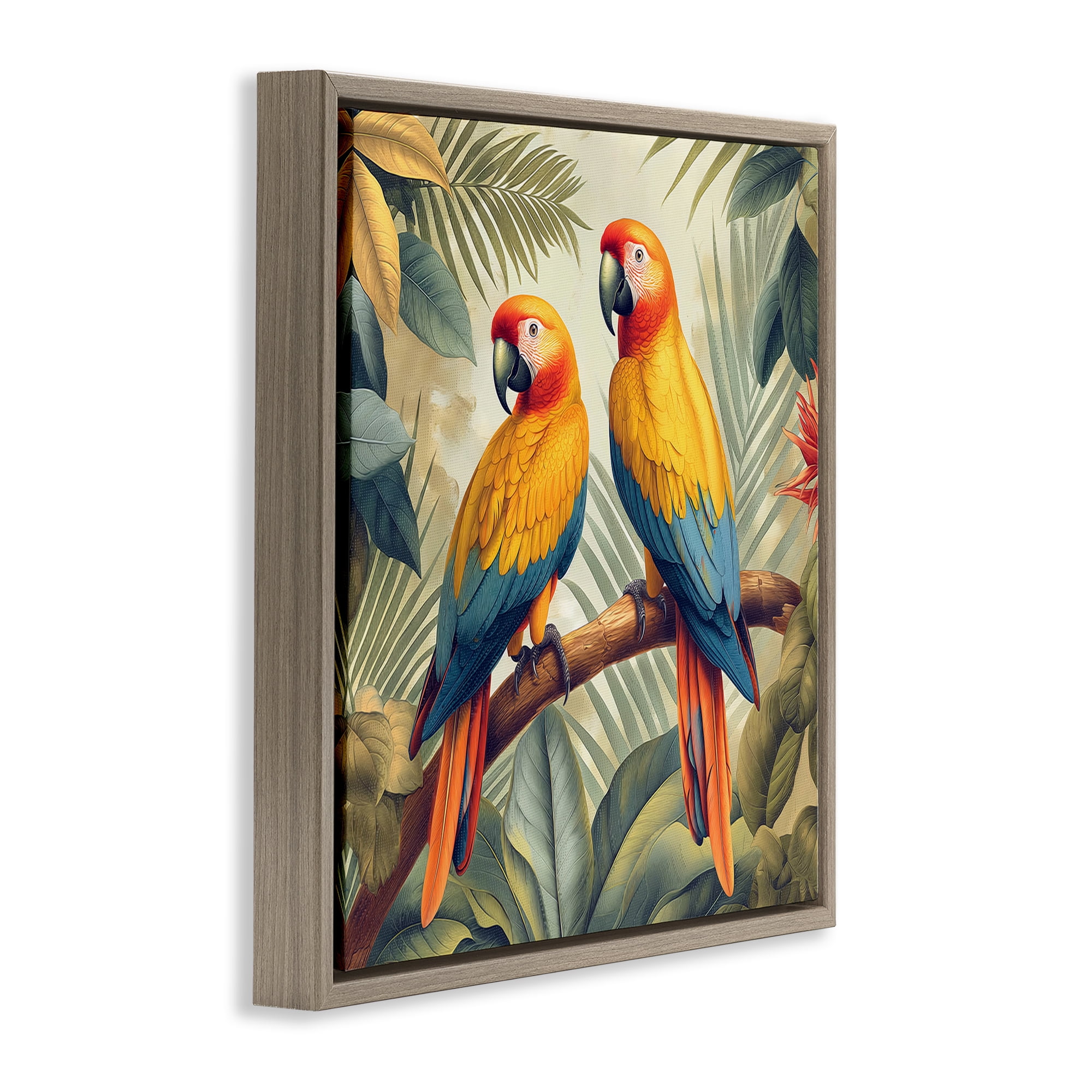 Stupell Industries Parrot Duo on Branch Animals Painting Brown Floater Framed Canvas Art Print Wall Art, 25 x 25