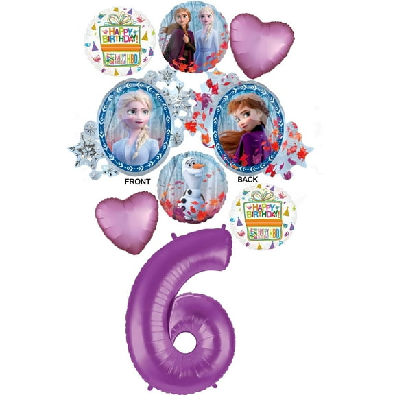 Frozen 2 Party Supplies 6th Birthday Elsa, Anna and Olaf Balloon Bouquet Decorations - Purple Number 6
