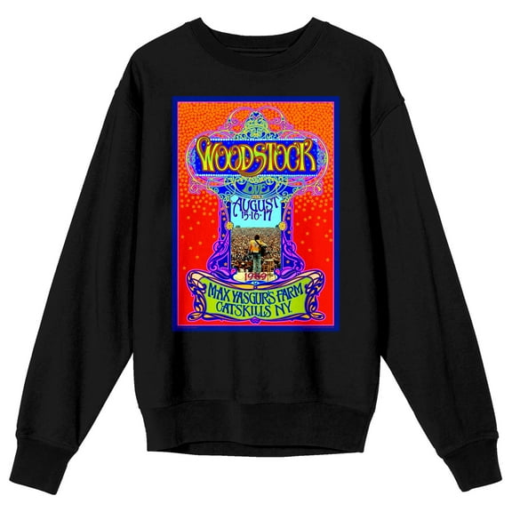 Woodstock Max Yasgur's Farm Vintage Concert Poster Crew Neck Long Sleeve Black Adult Sweatshirt-Small