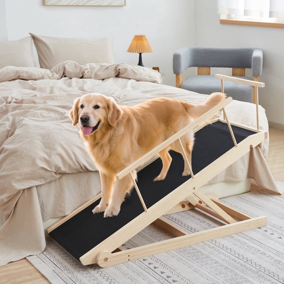 Dog Ramp for Bed and Couch, 5 Height Adjustable Solid Wood Pet Ramp for Small, Medium & Large Dogs, Collapsible Anti-Slip Dog Ramp for Sofa, Couch & Beds