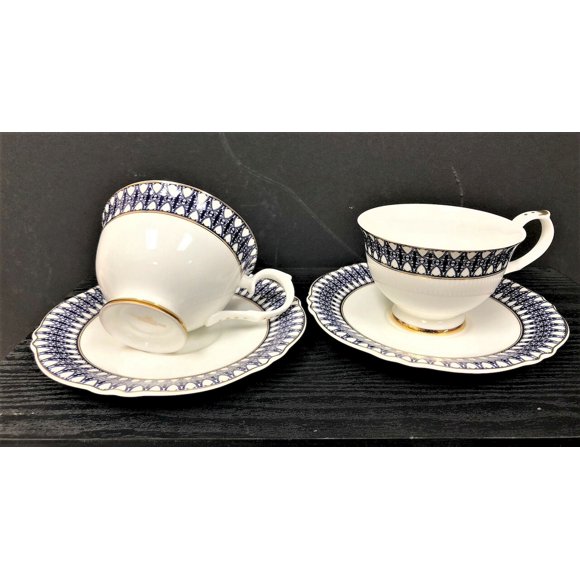 Set Of 2 White With Blue Pattern Tea Cup Set