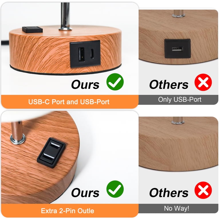 YUWENUS 3-Way Dimmable Bedside Lamp with USB-C & AC Outlet photo 4