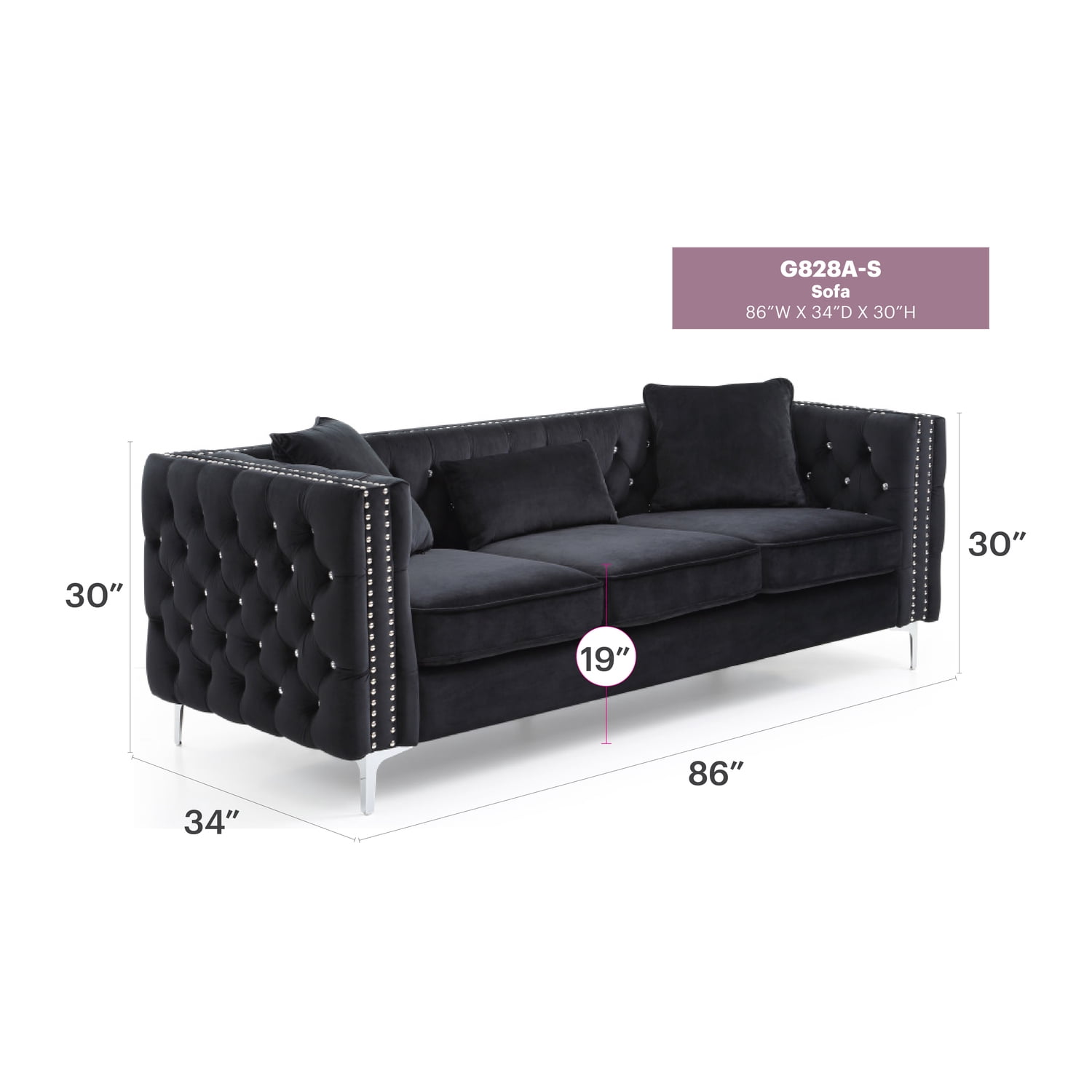Glory Furniture Paige Velvet Sofa in Black