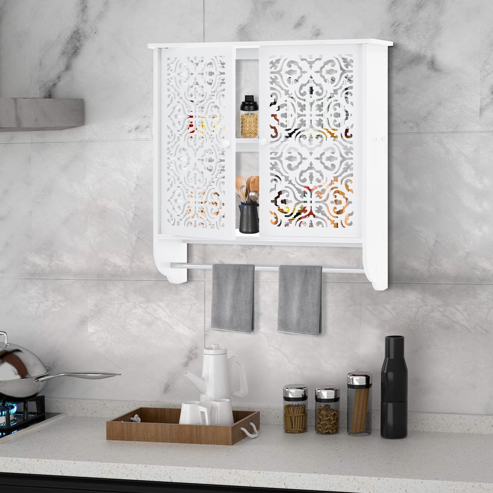 HONEIER Bathroom Wall Cabinet with Towels Bar Over The Toilet Space Saver Storage Cabinet Wall Mounted Medicine Cabinets with 2 Doors for Toilet, Bathroom, Living Room, Kitchen, Laundry