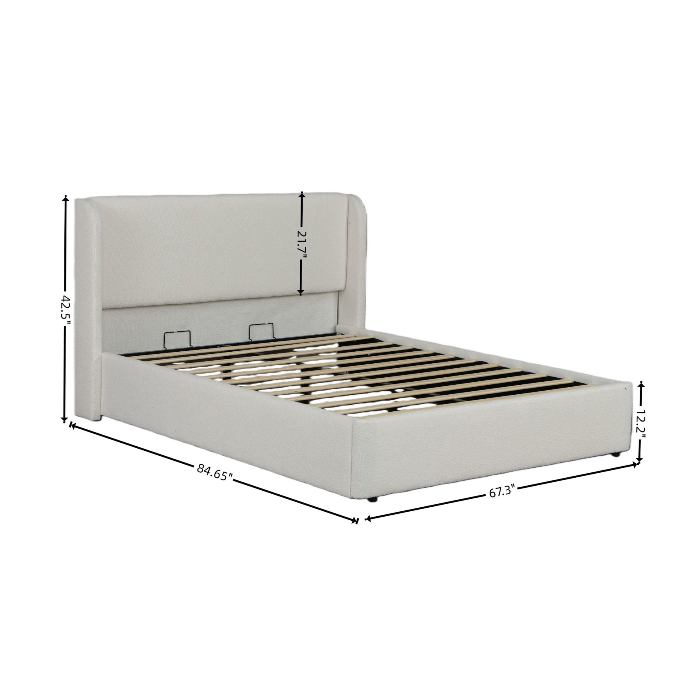 Noble House Marcus Queen Boucle Bed Frame with Wingback Headboard, Upholstered Cloud Bed with Metal Slats, White