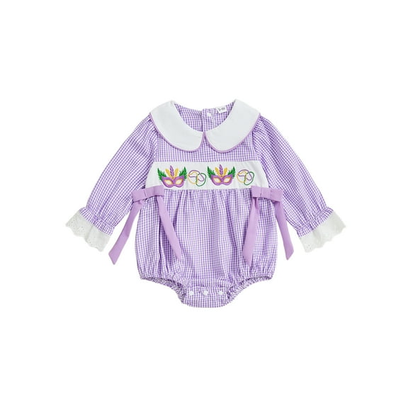 Miaouyo Baby Girl MardiGras Romper Loose Fit Bows Embroidered Plaid Doll Collar Long Sleeve Newborn Jumpsuit