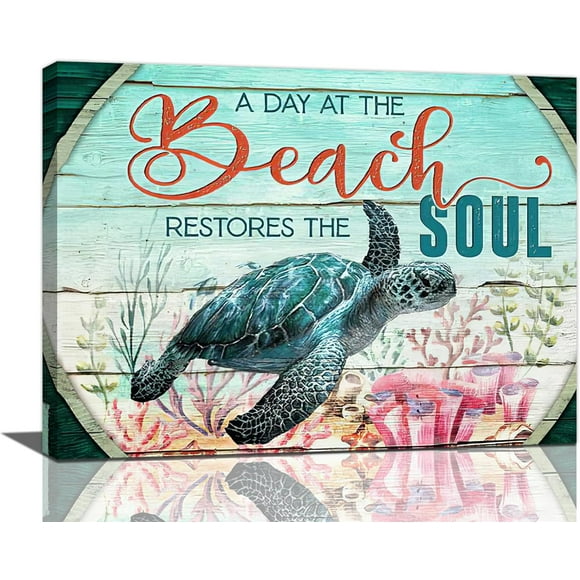 AIR-Sea Turtle Wall Art Turtle Colorful Coral Pictures Wall Decor A Day At The Beach Restores the Soul Canvas Painting Prints Artwork Modern Home Decoration Framed for Living room Bedroom Bathroom Of