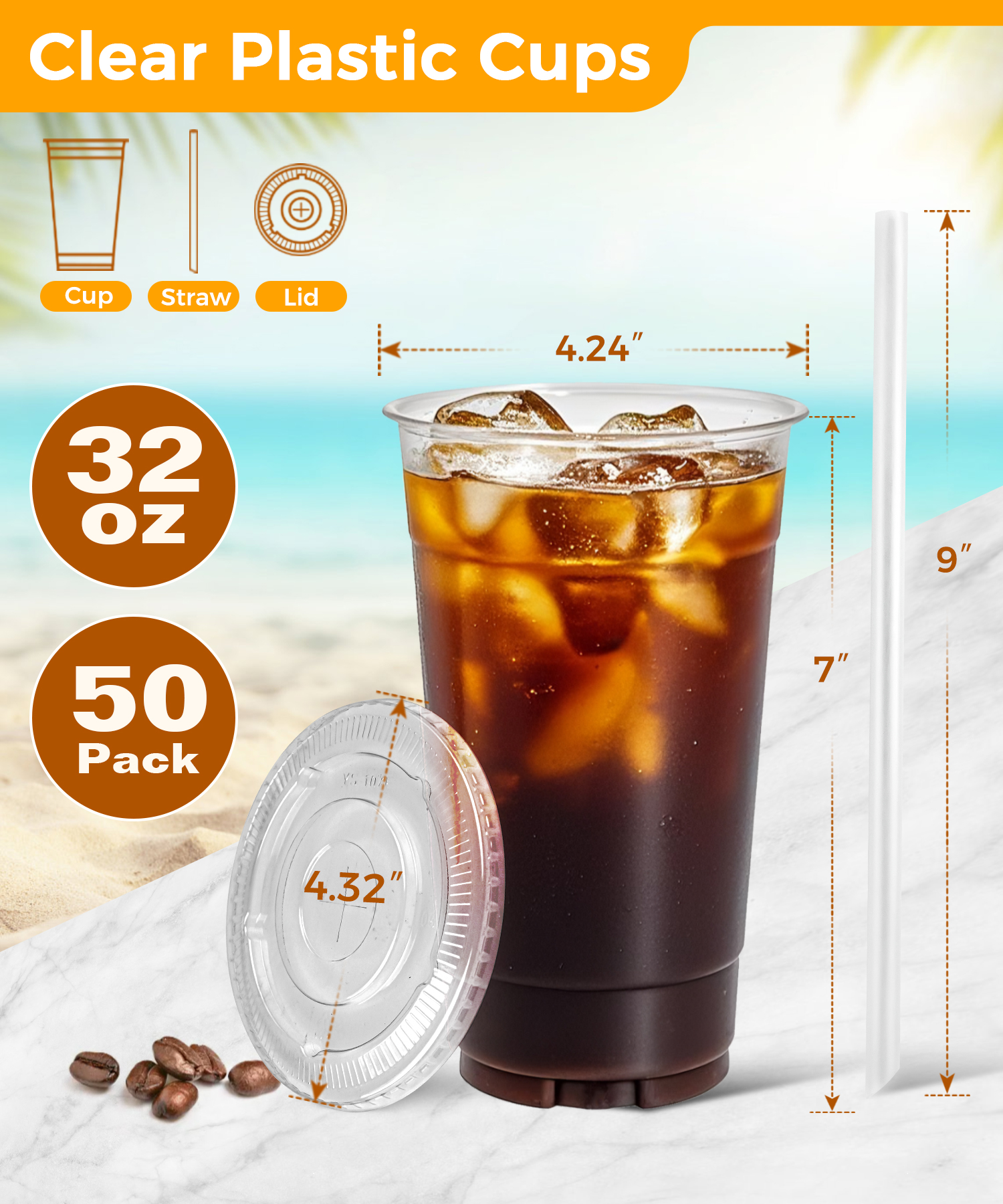 Nextation 32 Oz Clear Plastic Cups with Lids and Straws, 50 Pack photo 2
