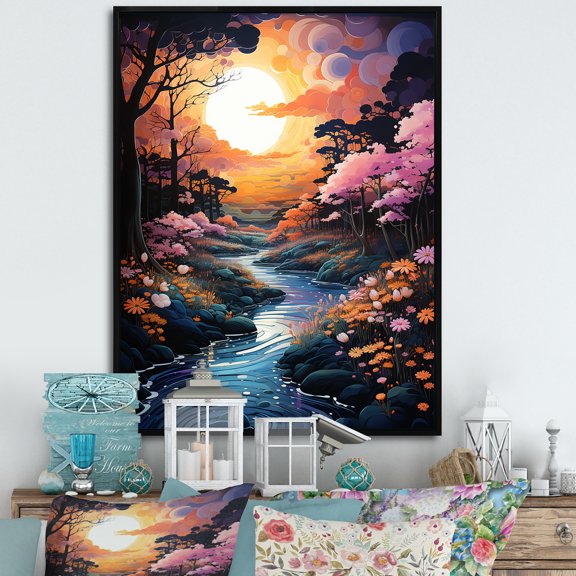 Designart "Whimsical Riverbanks At Sunset I" Landscape Lake River Floater Framed Canvas Prints