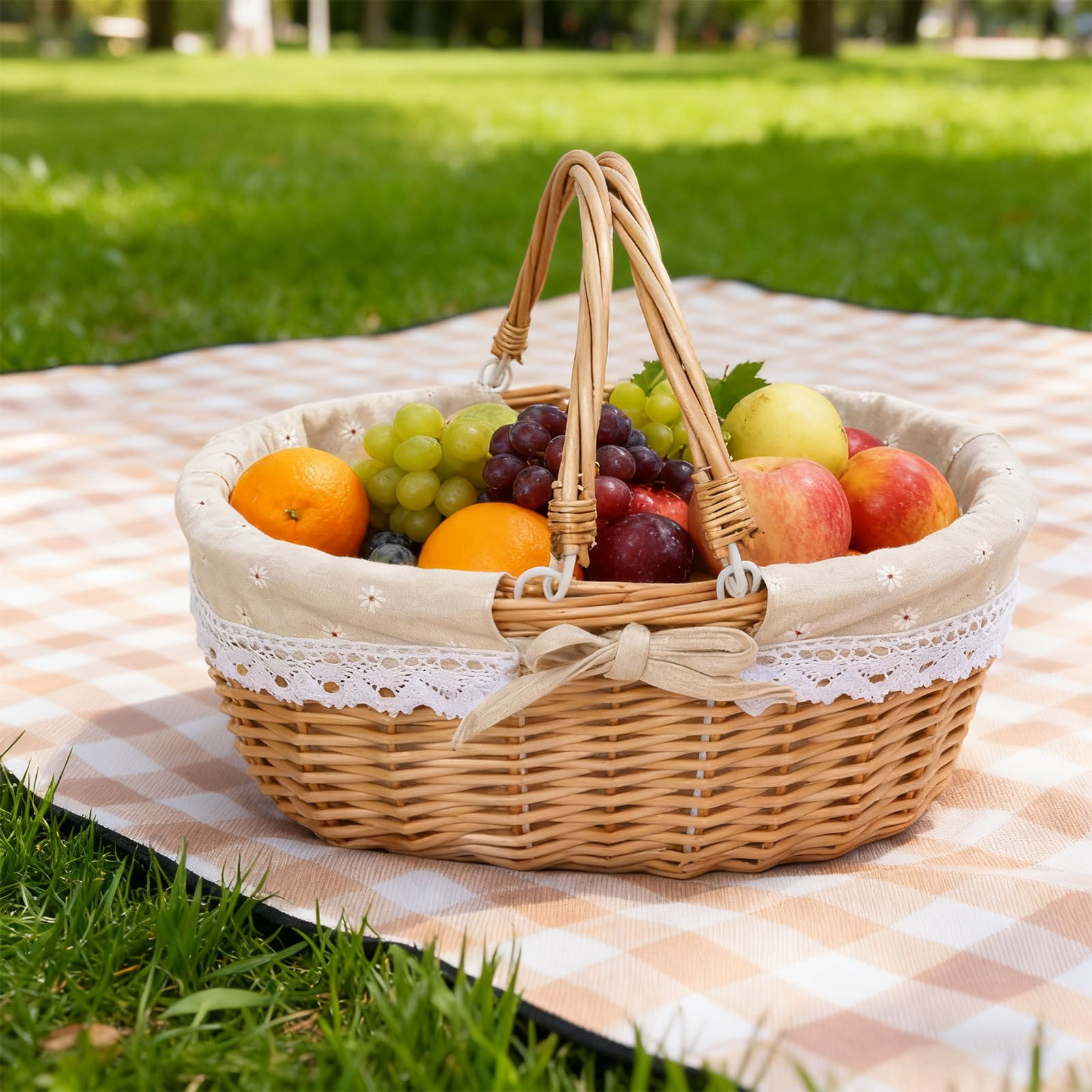Multifunctional Woven Picnic Basket with Foldable Handles, Suitable for Indoor & Outdoor, Home Decor, Fruit Storage, Photography Props, Easter Decorations, New Year party Gift Basket, 15x12x14 in