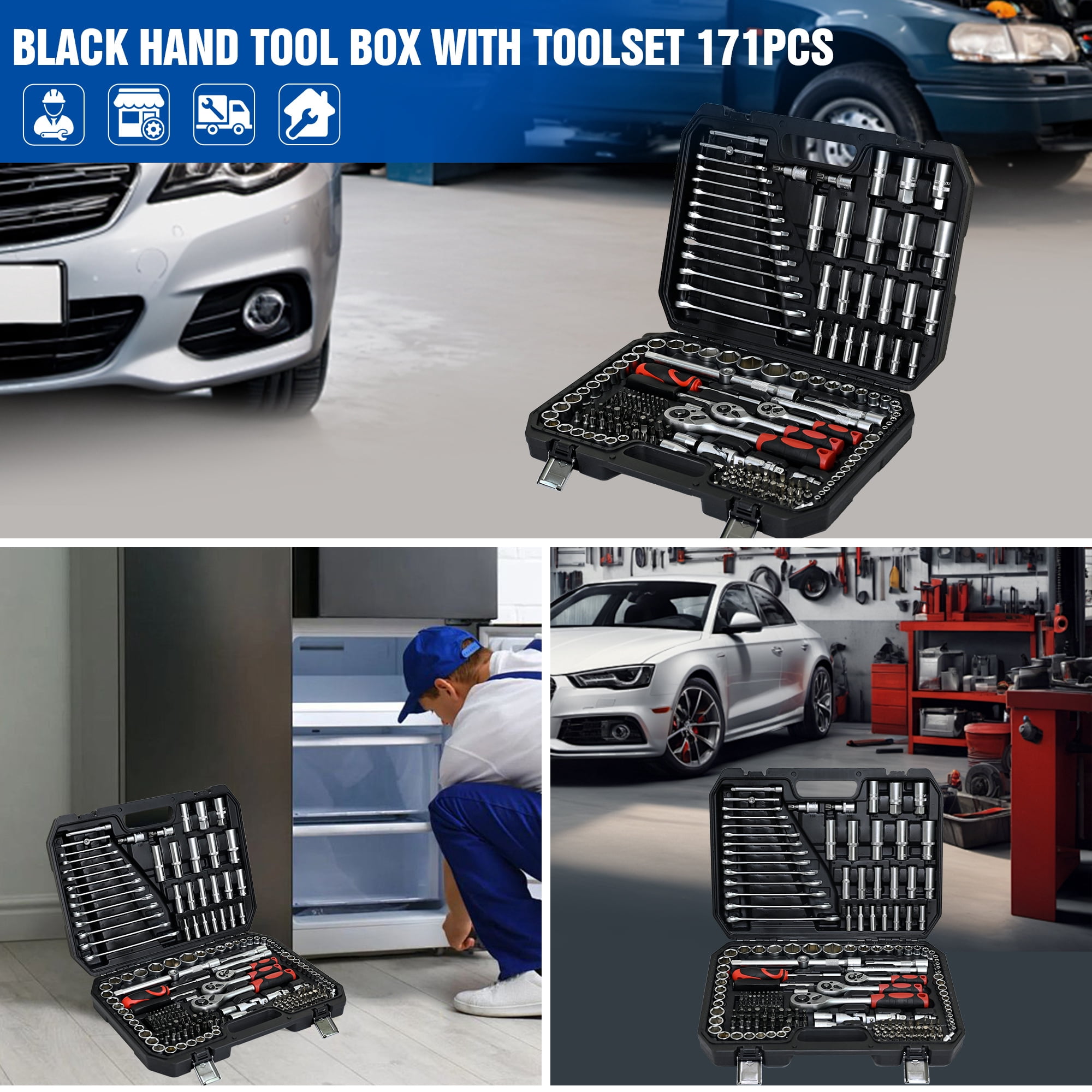 Aukfa 216-Piece Mechanics Tool Set, Socket and Ratchet Wrench, Chrome Finish