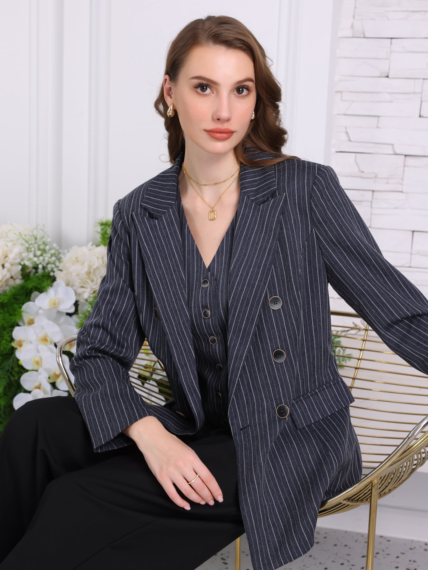 DARING DIVA Women's Double Breasted Vintage Pinstripe Striped Suit Blazer M Blue