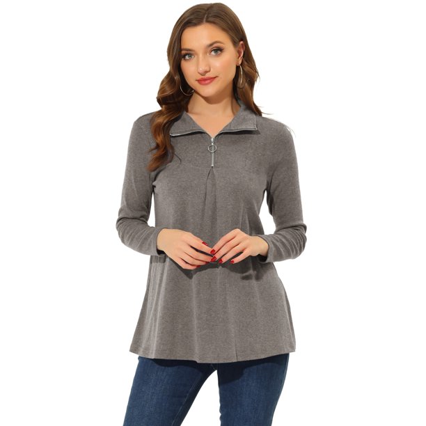 INSPIRE CHIC Top tipo túnica informal de manga larga con cremallera frontal plisada y cuello alto para mujer Gris marrón M
