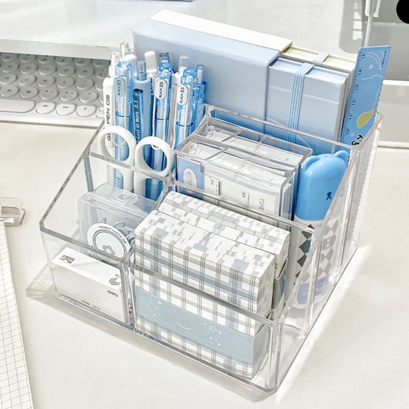 Byujiro Multi-compartment Clear Acrylic Desk Organizer, Slant Partition Stationery Storage Caddy, Multi-purpose Transparent Pen Holder for Student Pens & Small Desk Gadgets
