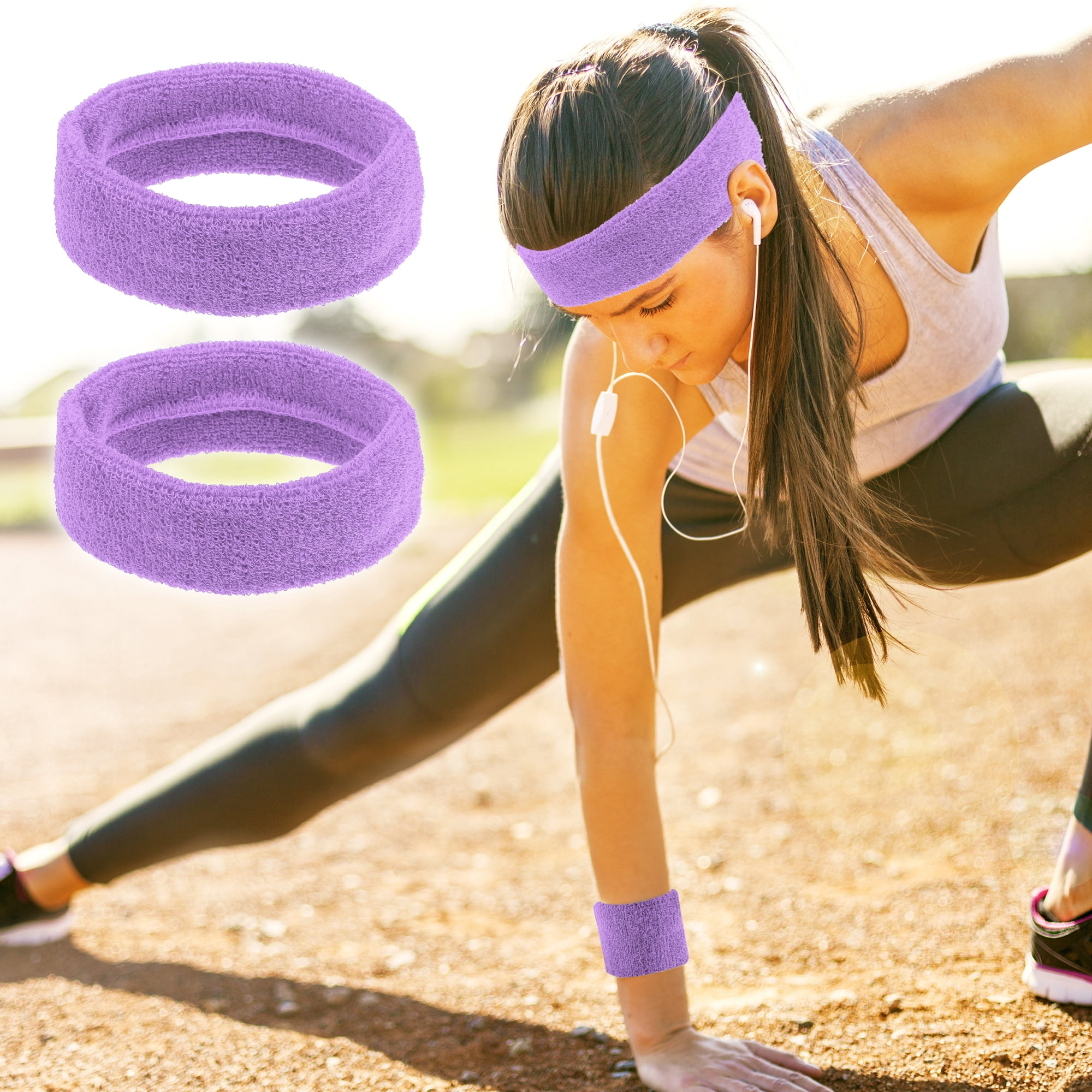 Unique Bargains 3 Pcs Sport Headband Wristband Sweatband Cotton Blend Light Purple