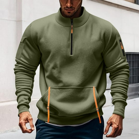 BXINGOHAI Sweatshirts for Men Quarter Zip Tactical Sweatshirt Vintage Long Sleeve Sweat Tshirts Casual Pullover with Pockets Army Green 2XL