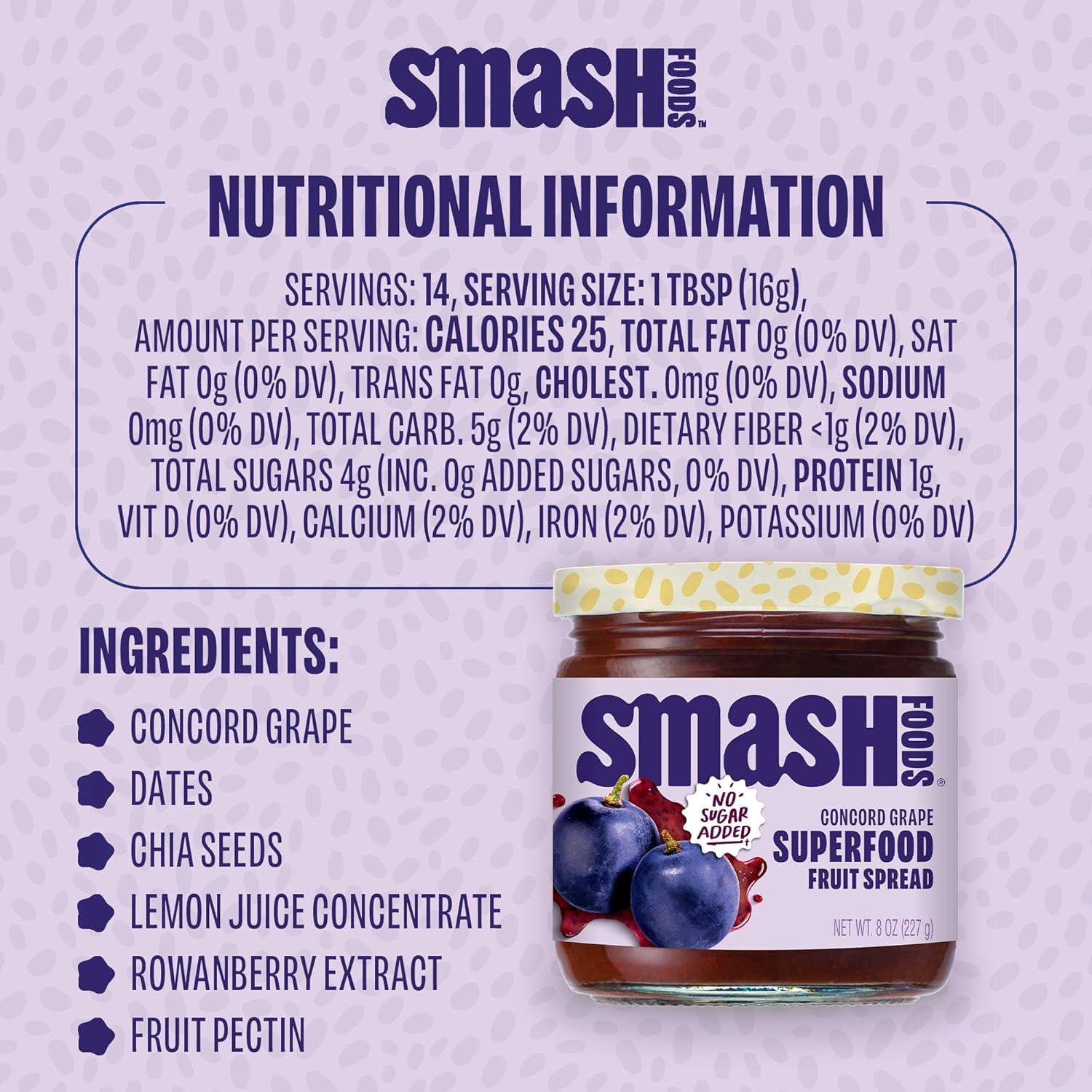 Smash Foods, Grape Jam, No Sugar Added, Low-Calorie, Vegan (1 Jar)