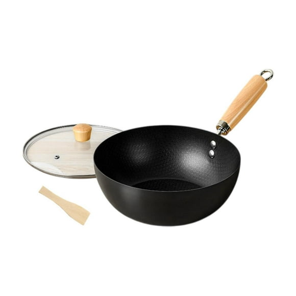 Lipstore Iron Wok Pan, Stir Fry Pan, Induction Cooker with Wood Handle, Kitchen Cookware, with Lid Home Gadgets, Chinese Wok Nonstick 24cm