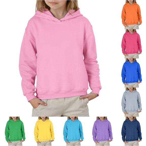 FINALGANG Girls Solid Color Long Sleeve Pullover Hoodie Regular Fit Loose Basic Casual Sweatshirt Top For Kids Teenagers Classic Top Pink 12-13 Years