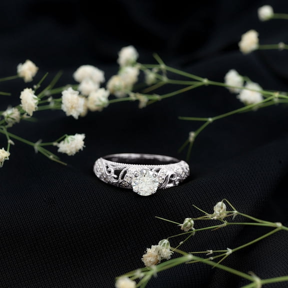 Kalapi Jewel Round Cut Moissanite Engagement Ring - 1.3 Ct Solitaire Design for Women - 14K White Gold Plated with Milgrain Sparkle - Wedding Jewelry and Proposal Gift for Her Elegant Look