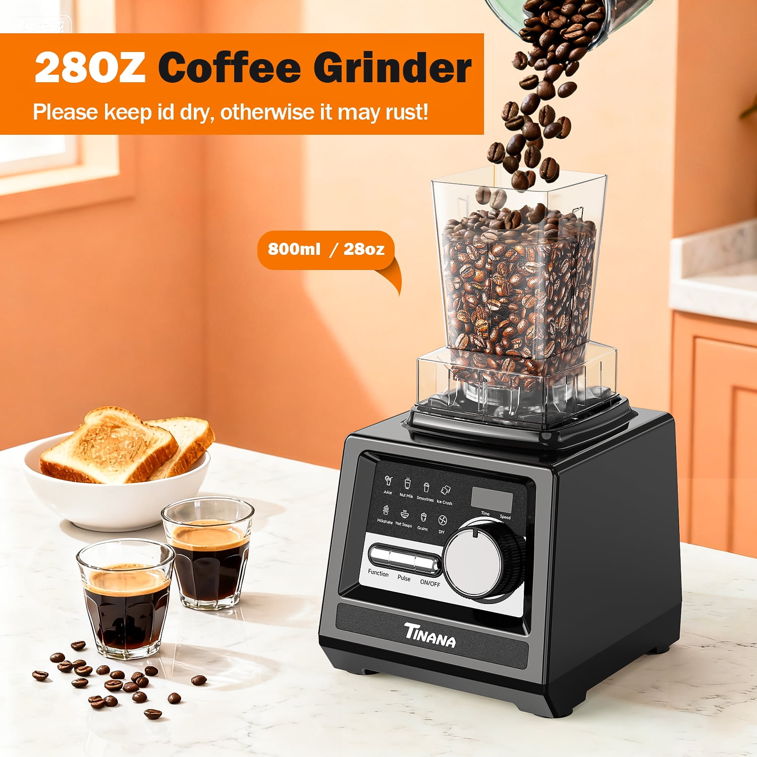 TINANA Blender for Smoothies, 2-in-1 Blender Grinder Combo