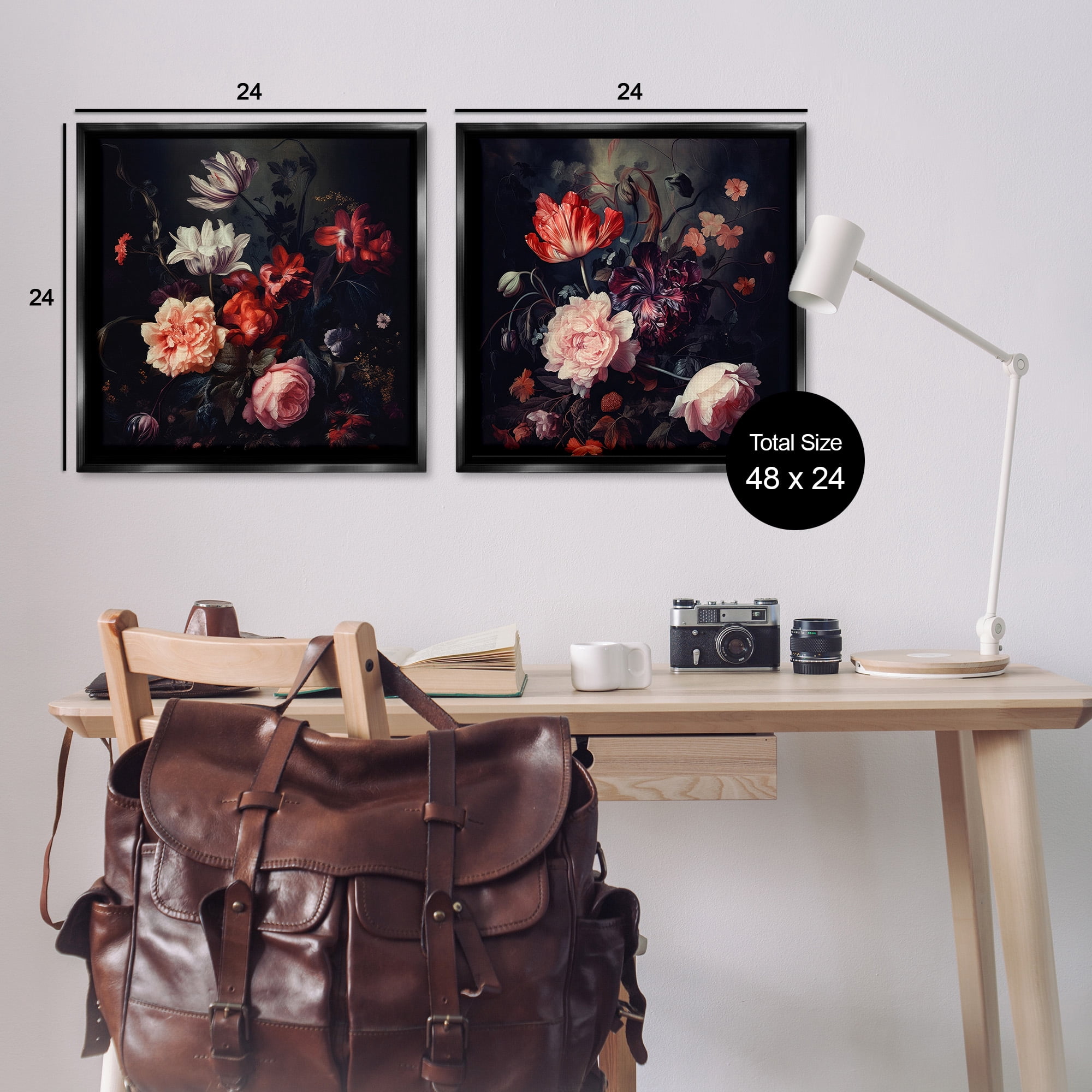Stupell Industries Vintage Bouquet on Black Botanical & Floral Photography Black Floater Framed Canvas Art Print Wall Art, 25 x 25, Set of 2
