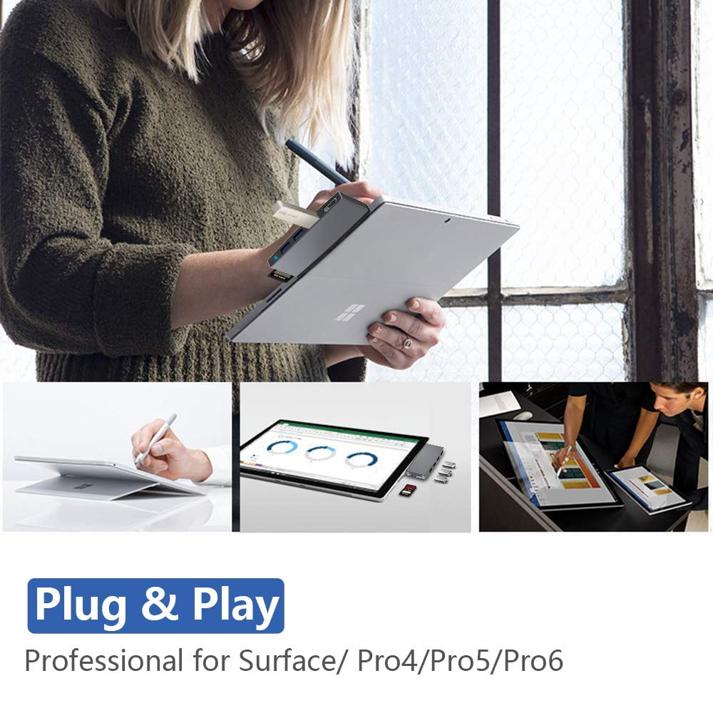Surface Pro 6/ Pro 5/ Pro 4 Docking Station USB Hub, Surface Pro Docking Station with 4K HDMI, 3X USB3.0 Ports, SD/TF Card Reader, Accessories for Microsoft Surface Pro 4/5/6