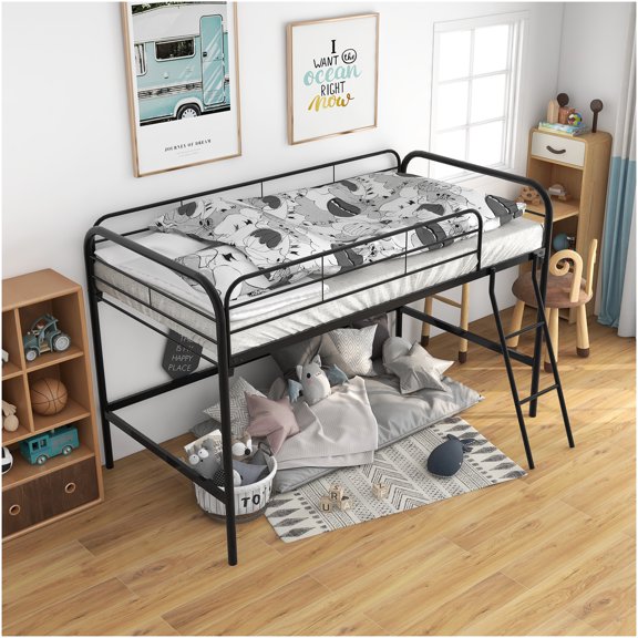 Twin Size Metal Loft Bed Frame with Ladder, Full Guardrails & Storage Steps, Black