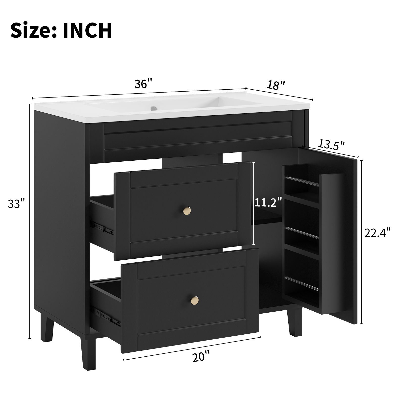 36-inch Bathroom Dressing Table with Sink, Modern Bathroom Washbasin Cabinet with 2 Drawers and 1 Door, Bathroom Storage Dressing Table with Netal Handle, Black