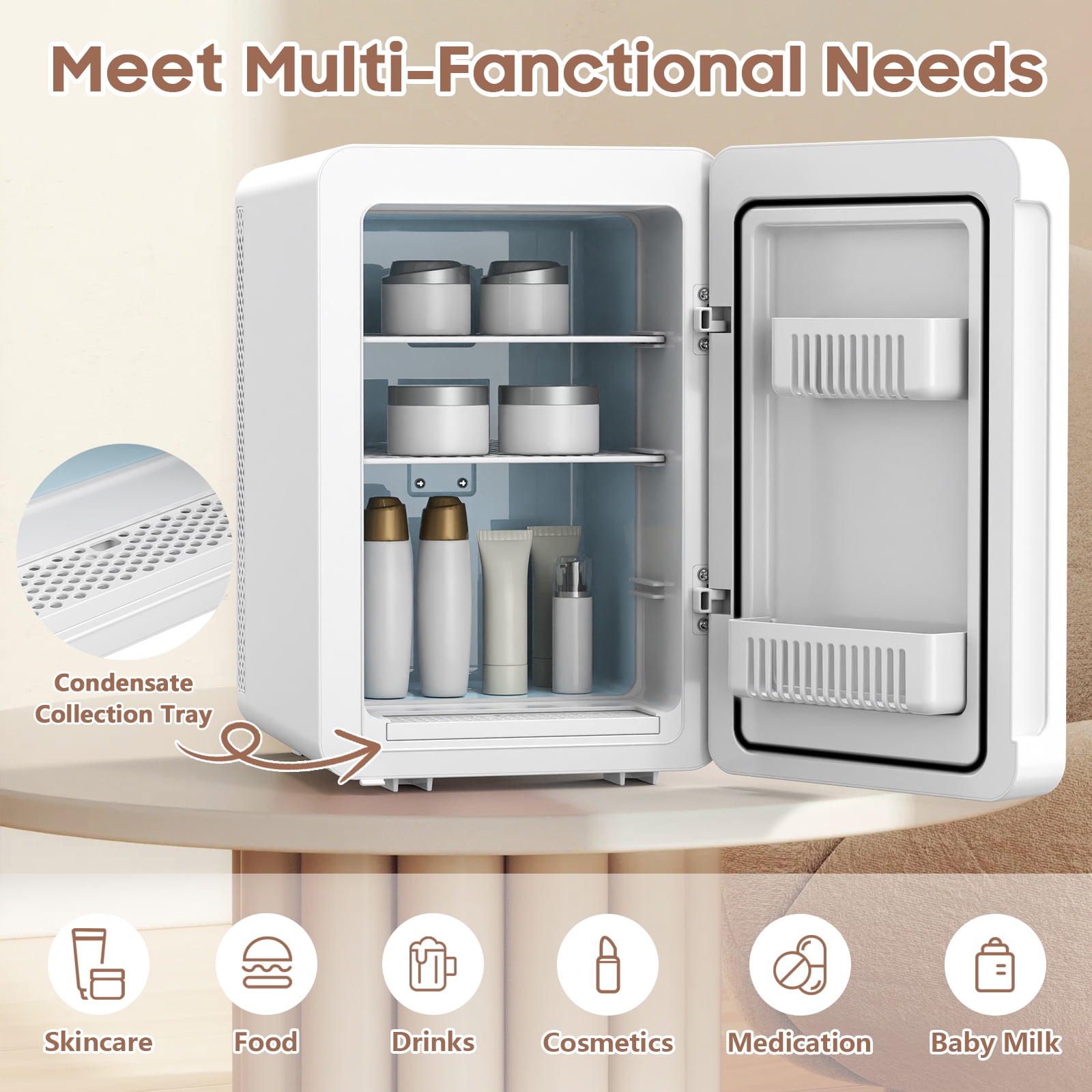 ADVWIN 20L Skincare Fridge with Mirror & LED Lighting, 3-Mode Dimmable, Cooler & Warmer with Drip Tray, Bedroom, Vanity, Car & Home Use