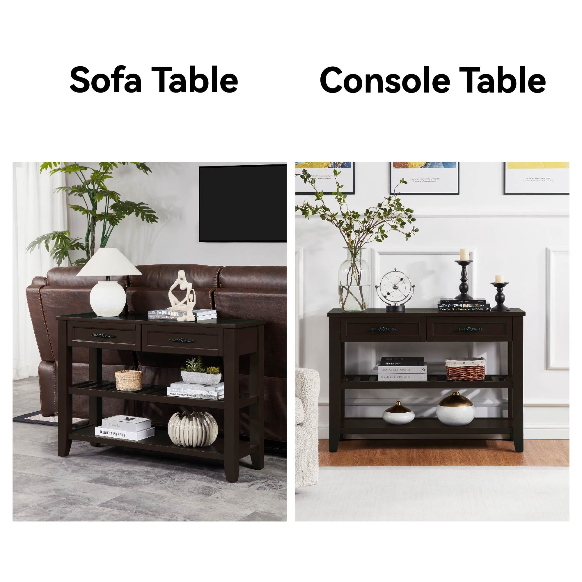 avobird Solid Wood Entryway Table,Features Two Open Shelves and Two Drawers,Vintage Design Table, Suitable for the Living Room,Light Coffee