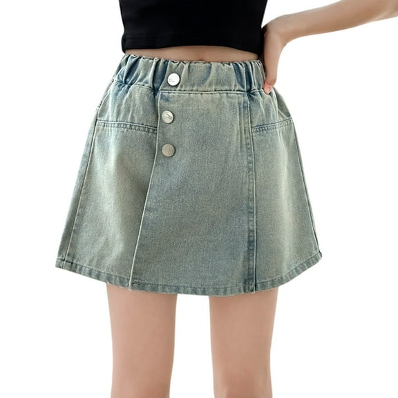 KAUOD Girl's Button Front Denim Skirt Kids High Waisted Symmetrical Jean Skirts Casual Waist Leg Skort for Teens Shorts