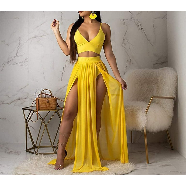 Women Sexy 2 Piece Outfits Dress Chiffon Strap Deep V Neck Bra