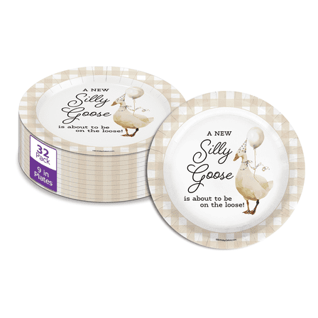 Birthday Galore Silly Goose Baby Shower - 32 Piece Disposable Party Supplies - Beige Gingham Baby Shower Decorations - Round Party Plates - Large 9" Paper Plates In Bulk