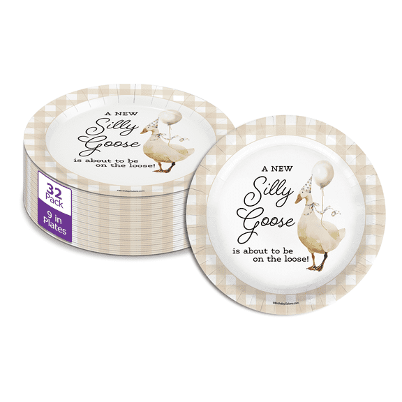 Birthday Galore Silly Goose Baby Shower - 32 Piece Disposable Party Supplies - Beige Gingham Baby Shower Decorations - Round Party Plates - Large 9" Paper Plates In Bulk