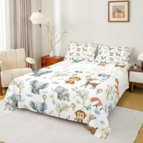 Castle Fairy Kids Children Cartoon Elephants Monkey Deer Fox Twin Sheet Sets 3pcs,Kawaii Jungle Animal Twin Fitted Sheet Microfiber,Cute Wildlife Breathable Flat Sheet,Microfiber Bedroom Decor