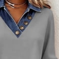 thumbnail image 6 of ManxiVoo Women's Denim Patchwork Sweatshirt Casual Lapel V Neck Long Sleeve Pullover for Street Style XL Size Grey, 6 of 7