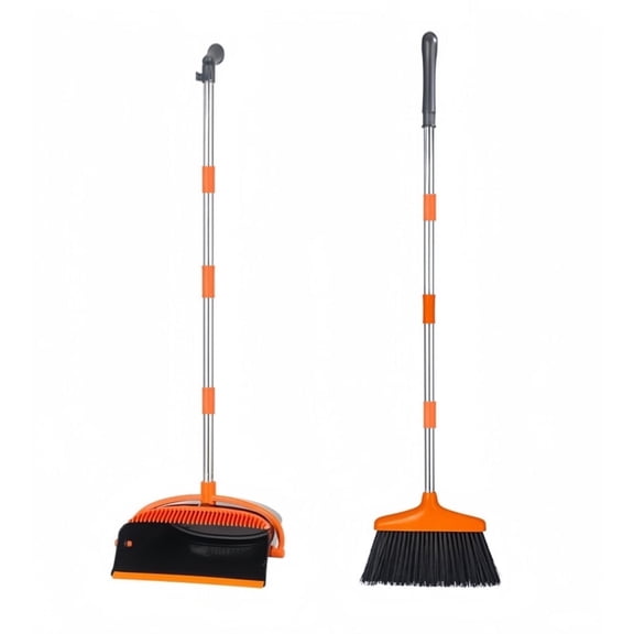 Broom and Dustpan Set for Home, Sturdy Plastic Cleaning Combo, Long Handle and Upright Standing Dust Pan for Office & Hard Floor Sweeping, Grey and Orange