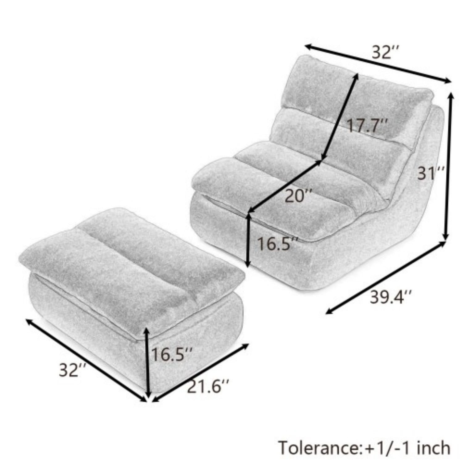 32" Bean Bag Chair with Ottoman, Tufted Upholstered Chaise Lounge Chair for Adults, High Density Foam Lazy Sofa with Footrest for Living Room, Bedroom, Gaming Room & Dorm, Grey