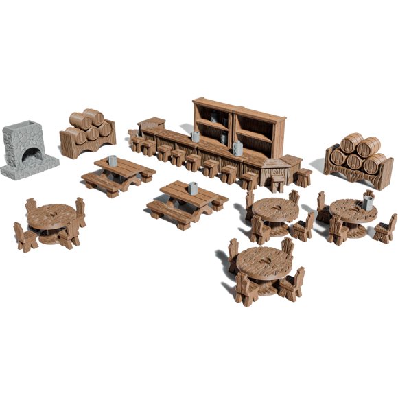 Ensemble de Terrain de Taverne - Décor de Jeu de Rôle Modulaire de 70 Pcs - Échelle 28mm, Inclut des Pièces de Taverne et des Accessoires - Parfait pour les Donjons et Dragons, les Traceurs et les Jeux de Table RPG