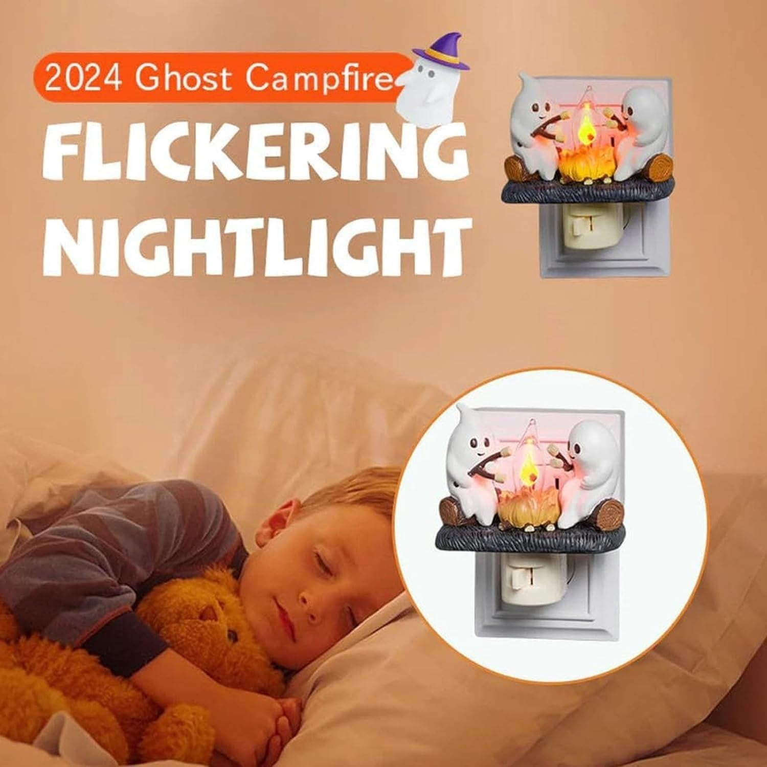 2024 Ghost Campfire Flickering Nightlight, Halloween Night Lights Plug into Wall, 3D Spooky Fire Marshmallow Night Light, Ghost Pumpkin Night Light Dusk Funny Halloween Room Decorations (A-2PC)